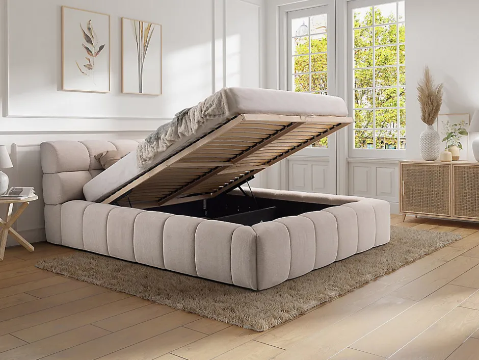 Vente-unique Lit coffre 160 x 200 cm - Tissu - Gris clair - FORVIK