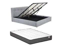 Vente-unique Lit coffre 180 x 200 cm - Tissu bouclette - Gris + Matelas - MAZIRI New