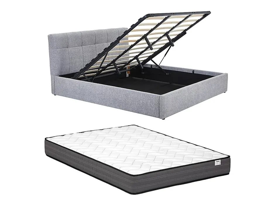 Vente-unique Lit coffre 180 x 200 cm - Tissu bouclette - Gris + Matelas - MAZIRI New