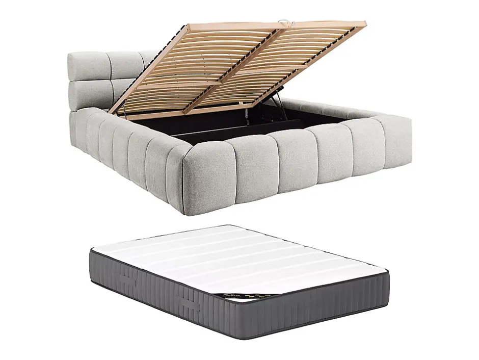 Vente-unique Lit coffre 180 x 200 cm - Tissu - Gris clair + Matelas - FORVIK Online