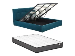 Vente-unique Lit coffre 180 x 200 cm - Tissu bouclette - Bleu canard + Matelas - MAZIRI