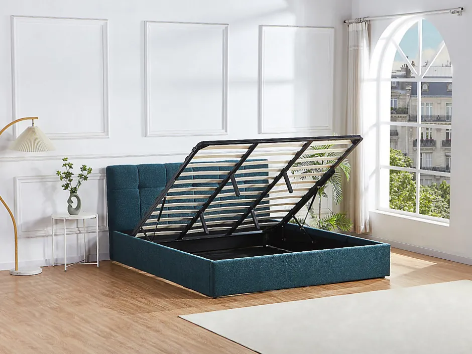 Vente-unique Lit coffre 180 x 200 cm - Tissu bouclette - Bleu canard + Matelas - MAZIRI