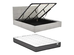 Vente-unique Lit coffre 180 x 200 cm - Tissu - Gris + Matelas - HOPEYA