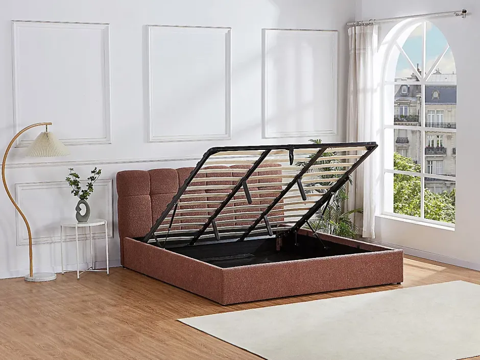 Vente-unique Lit coffre 180 x 200 cm - Tissu bouclette - Terracotta + Matelas - MAZIRI Online