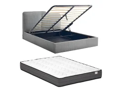 Vente-unique Lit coffre 180 x 200 cm - Velours côtelé - Gris + Matelas - NAYOLA
