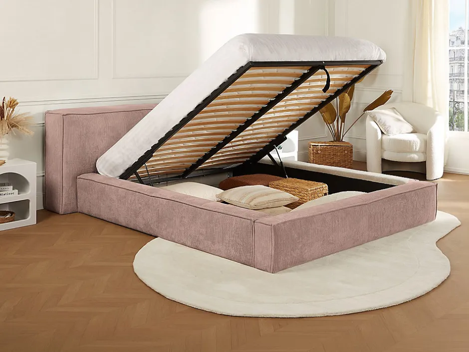 Vente-unique Lit coffre 180 x 200 cm - Velours côtelé - Rose - TIMANO New