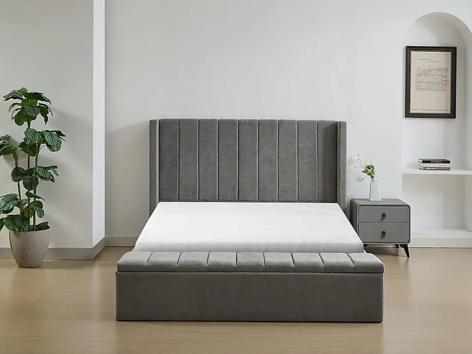 Vente-unique Lit coffre 160 x 200 cm avec banc - Tissu - Gris + Matelas - DOUINO