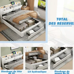 Fortuna lai Lit Coffre 140 X 200 Cm Avec Éclairage LED Et Chargement USB, Avec Tiroirs, Velours, Blanc Cassé Sale