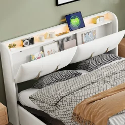 Fortuna lai Lit Coffre 140 X 200 Cm Avec Éclairage LED Et Chargement USB, Avec Tiroirs, Velours, Blanc Cassé Sale