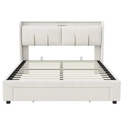 Fortuna lai Lit Coffre 140 X 200 Cm Avec Éclairage LED Et Chargement USB, Avec Tiroirs, Velours, Blanc Cassé Sale