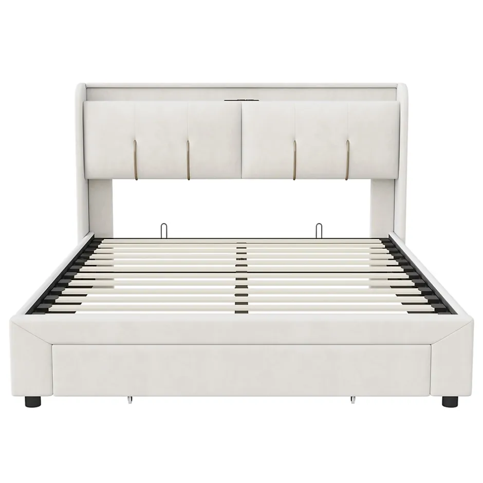 Fortuna lai Lit Coffre 140 X 200 Cm Avec Éclairage LED Et Chargement USB, Avec Tiroirs, Velours, Blanc Cassé Sale