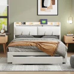 Fortuna lai Lit Coffre 140 X 200 Cm Avec Éclairage LED Et Chargement USB, Avec Tiroirs, Velours, Blanc Cassé Sale
