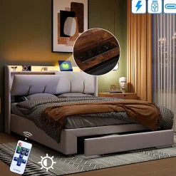 Fortuna lai Lit Coffre 140 X 200 Cm Avec Éclairage LED Et Chargement USB, Avec Tiroirs, Velours, Blanc Cassé Sale