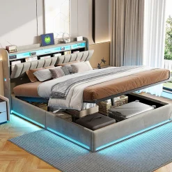 Fortuna lai Lit Coffre 160 X 200 Cm Avec LED Et Ports USB, Étagères Ouvertes Et Rangements Cachés, Gris Sale