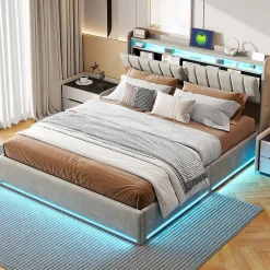 Fortuna lai Lit Coffre 160 X 200 Cm Avec LED Et Ports USB, Étagères Ouvertes Et Rangements Cachés, Gris Sale
