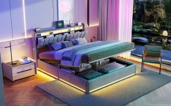 Fortuna lai Lit Coffre 160 X 200 Cm Avec LED Et Ports USB, Étagères Ouvertes Et Rangements Cachés, Gris Sale