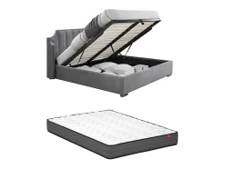 Vente-unique Lit coffre 160 x 200 cm avec tête de lit incurvée - Velours - Gris clair + Matelas - TEOMIS Outlet