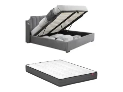 Vente-unique Lit coffre 160 x 200 cm avec tête de lit incurvée - Velours - Gris clair + Matelas - TEOMIS Outlet