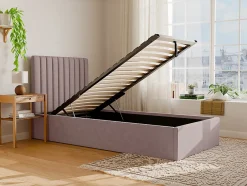 Vente-unique Lit coffre 90 x 190 cm avec tête de lit coutures verticales - Tissu - Rose + Matelas - SARAH