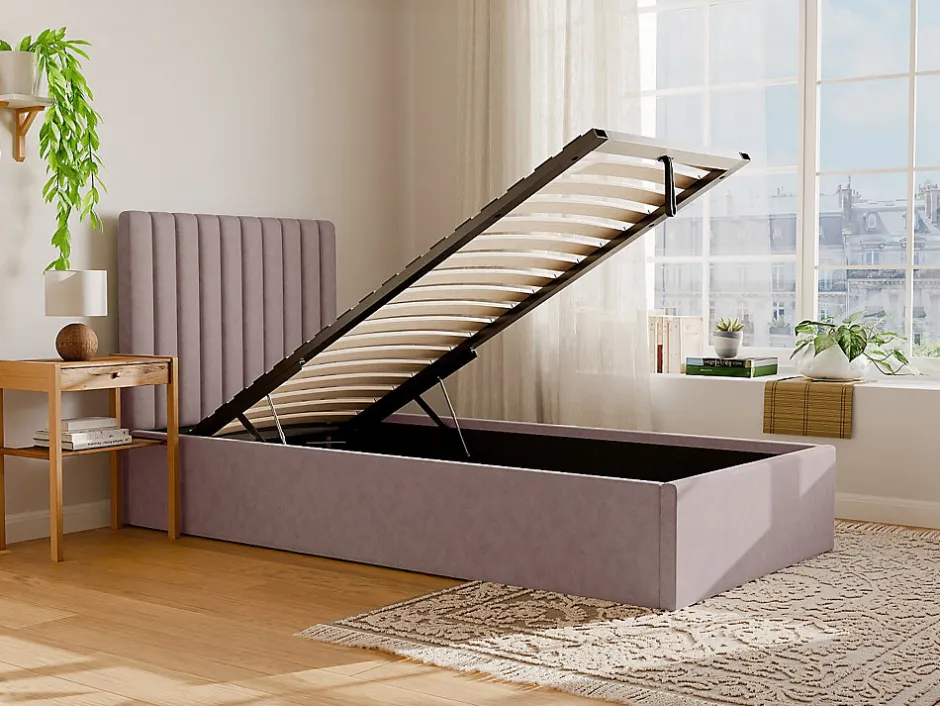 Vente-unique Lit coffre 90 x 190 cm avec tête de lit coutures verticales - Tissu - Rose + Matelas - SARAH