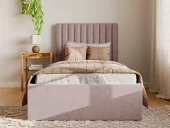 Vente-unique Lit coffre 90 x 190 cm avec tête de lit coutures verticales - Tissu - Rose + Matelas - SARAH