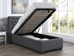 Vente-unique Lit coffre 90 x 200 cm avec tête de lit capitonnée - Tissu - Gris - MASSIMO Best