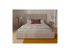 Vente-unique Lit coffre 160 x 200 cm avec tête de lit coutures verticales - Tissu - Taupe - SARAH II Outlet