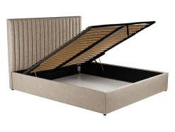 Vente-unique Lit coffre 160 x 200 cm avec tête de lit coutures verticales - Tissu - Taupe - SARAH II Outlet