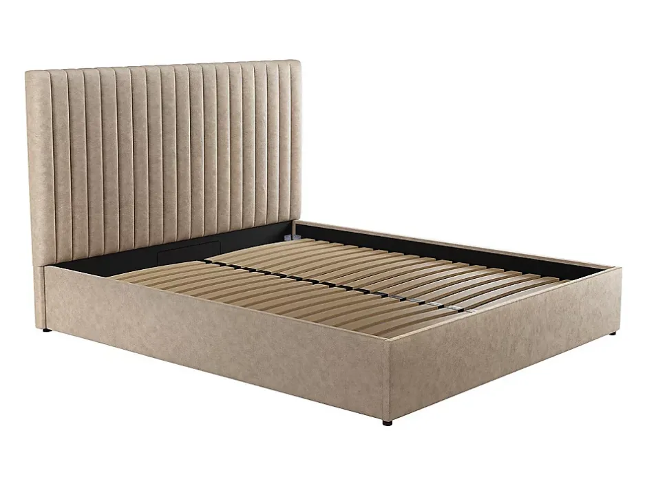 Vente-unique Lit coffre 160 x 200 cm avec tête de lit coutures verticales - Tissu - Taupe - SARAH II Outlet
