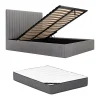 Vente-unique Lit coffre 140 x 190 cm avec tête de lit coutures verticales - Velours côtelé - Gris + Matelas - SARAH