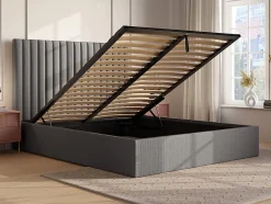 Vente-unique Lit coffre 140 x 190 cm avec tête de lit coutures verticales - Velours côtelé - Gris + Matelas - SARAH