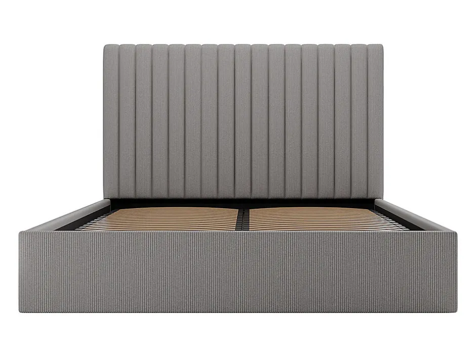 Vente-unique Lit coffre 140 x 190 cm avec tête de lit coutures verticales - Velours côtelé - Gris + Matelas - SARAH