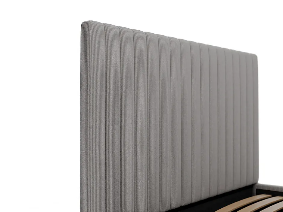 Vente-unique Lit coffre 140 x 190 cm avec tête de lit coutures verticales - Velours côtelé - Gris + Matelas - SARAH