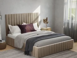 Vente-unique Lit coffre 160 x 200 cm avec tête de lit coutures verticales - Velours - Taupe - LARALI II Outlet