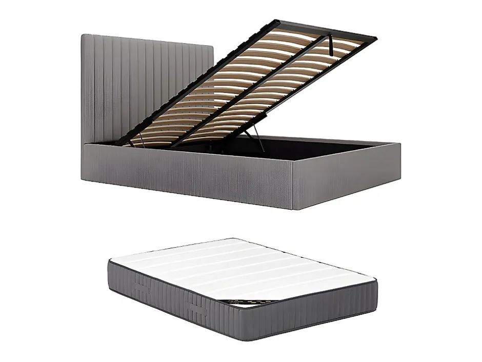 Vente-unique Lit coffre 160 x 200 cm avec tête de lit coutures verticales - Velours côtelé - Gris + Matelas - SARAH