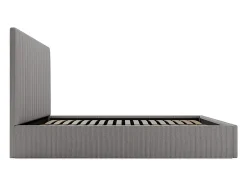 Vente-unique Lit coffre 160 x 200 cm avec tête de lit coutures verticales - Velours côtelé - Gris + Matelas - SARAH