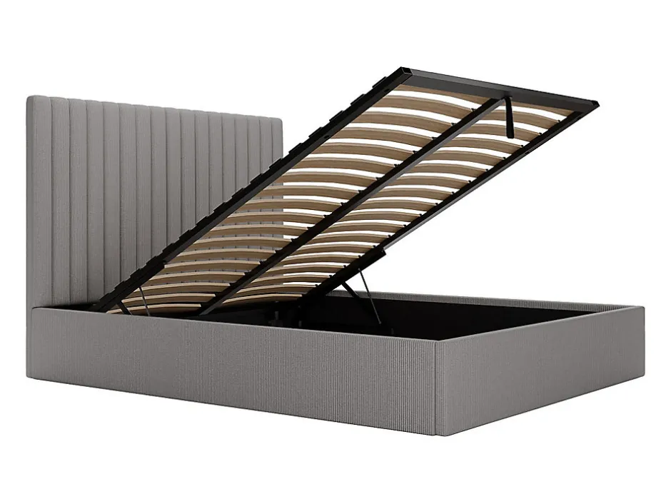 Vente-unique Lit coffre 160 x 200 cm avec tête de lit coutures verticales - Velours côtelé - Gris + Matelas - SARAH
