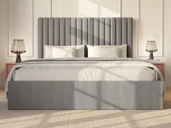 Vente-unique Lit coffre 160 x 200 cm avec tête de lit coutures verticales - Velours côtelé - Gris + Matelas - SARAH