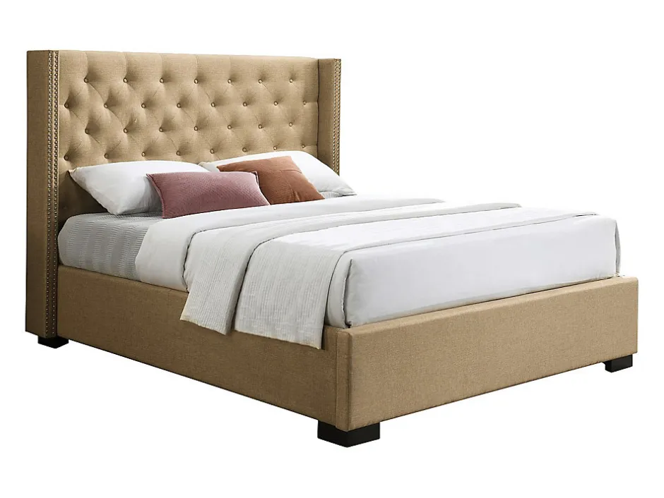 Vente-unique Lit coffre 160 x 200 cm avec tête de lit capitonnée - Tissu - Beige - MASSIMO II