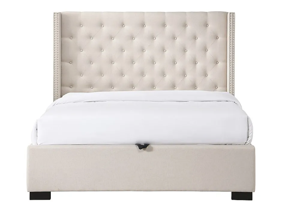 Vente-unique Lit coffre 160 x 200 cm avec tête de lit capitonnée - Tissu - Beige - MASSIMO II