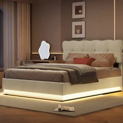 Fortuna lai Lit Coffre 160 x 200 cm, Lit Double avec Éclairage LED, Lit Capitonné avec Rangement et Tete de lit,Velours Beige Sale