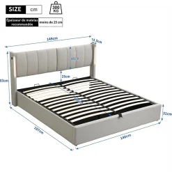 Gutent Lit coffre 140 x 190 cm,Lit rembourré,lit hydraulique,avec éclairage LED, avec espace de rangement,PU, gris Discount