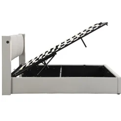 Gutent Lit coffre 140 x 190 cm,Lit rembourré,lit hydraulique,avec éclairage LED, avec espace de rangement,PU, gris Discount