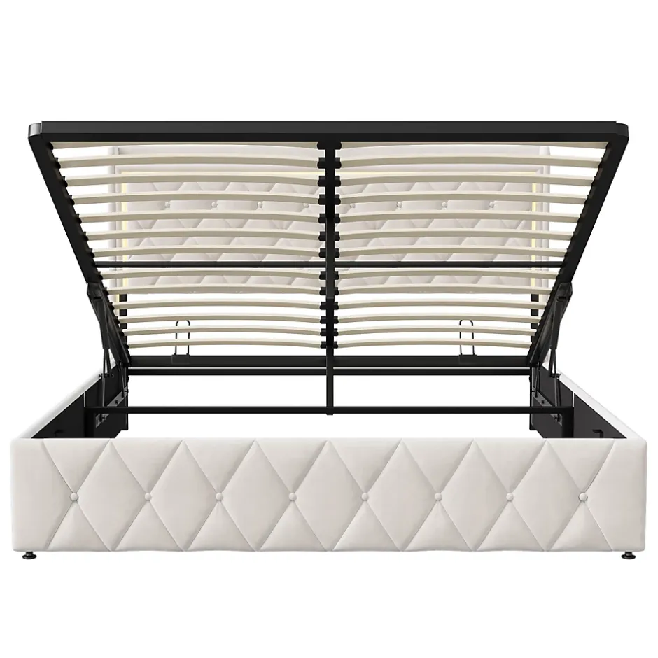 Generique lit coffre 160 x 200,lit double 160 x 200 avec sommier,Tête de lit avec chargement USB et lumières LED réglables,velours,Beige Hot