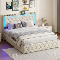 Generique lit coffre 160 x 200,lit double 160 x 200 avec sommier,Tête de lit avec chargement USB et lumières LED réglables,velours,Beige Hot