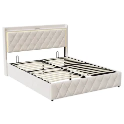 Generique lit coffre 160 x 200,lit double 160 x 200 avec sommier,Tête de lit avec chargement USB et lumières LED réglables,velours,Beige Hot