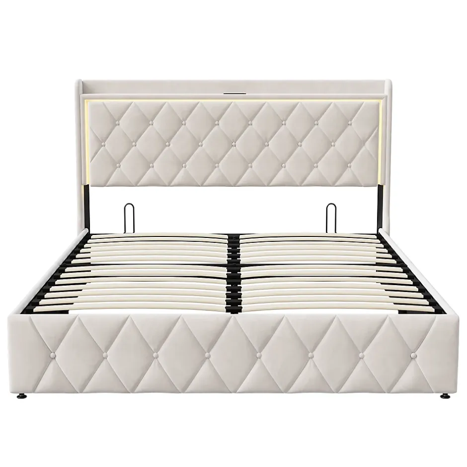 Generique lit coffre 160 x 200,lit double 160 x 200 avec sommier,Tête de lit avec chargement USB et lumières LED réglables,velours,Beige Hot
