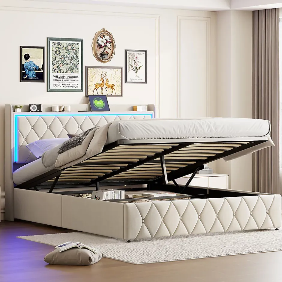 Generique lit coffre 160 x 200,lit double 160 x 200 avec sommier,Tête de lit avec chargement USB et lumières LED réglables,velours,Beige Hot
