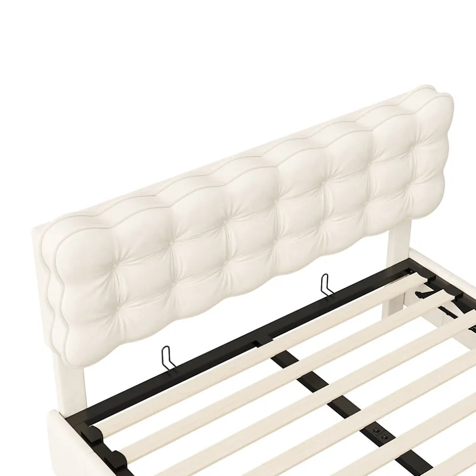Generique lit coffre 140 x 200,lit rembourré double avec levier hydraulique,Lumières LED au bout du lit,velours,Beige