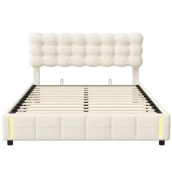 Generique lit coffre 140 x 200,lit rembourré double avec levier hydraulique,Lumières LED au bout du lit,velours,Beige